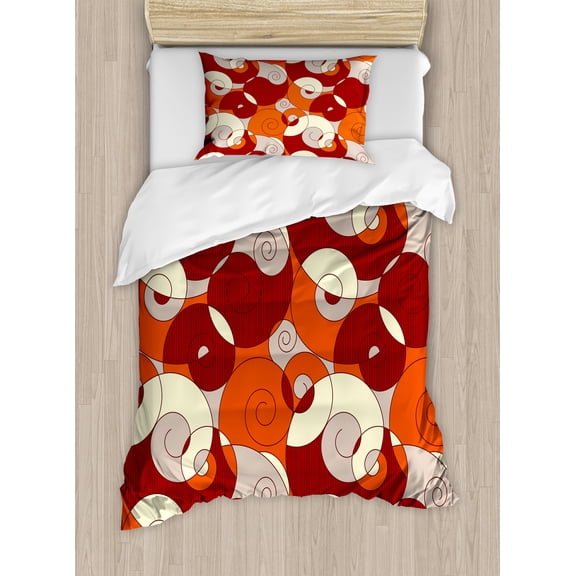 Abstract Duvet Cover Set, Abstract Bold Spiral Motifs Circled Modern Pattern with Stripe Details, Decorative 2 Piece Bedding Set with 1 Pillow Shams, Twin Size, Orange Ruby Ivory, by Ambesonne