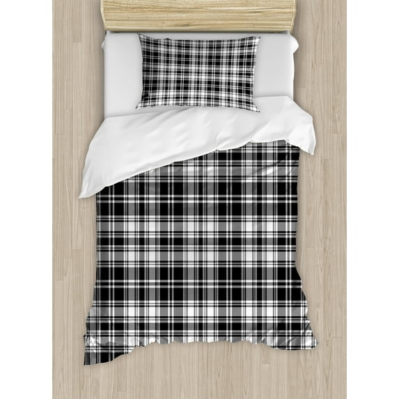 Abstract Duvet Cover Set, British Tartan Celtic Pattern with Vertical Horizontal Symmetric Stripes Image, Decorative 2 Piece Bedding Set with 1 Pillow Shams, Twin Size, White Black, by Ambesonne