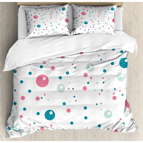 Abstract Duvet Cover Set, Bubble Like Big and Little Polka Dots in Pastel Colors Modern Rounded Design, Decorative 3 Piece Bedding Set with 2 Pillow Shams, King Size, Blue Pink Grey, by Ambesonne
