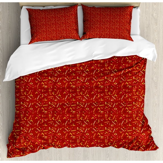 Abstract Duvet Cover Set, Cheerful Memphis Art Style Circles Wavy Lines Dots Spots Motif, Decorative 3 Piece Bedding Set with 2 Pillow Shams, Calking Size, Vermilion and Multicolor, by Ambesonne