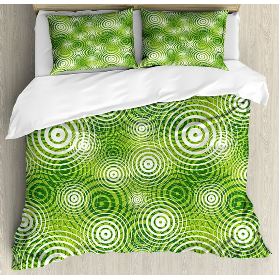 Abstract Duvet Cover Set, Circular Round Shaped Inner Geometric Eco Wavelength Illustration, Decorative 3 Piece Bedding Set with 2 Pillow Shams, Calking Size, Hunter Green White, by Ambesonne