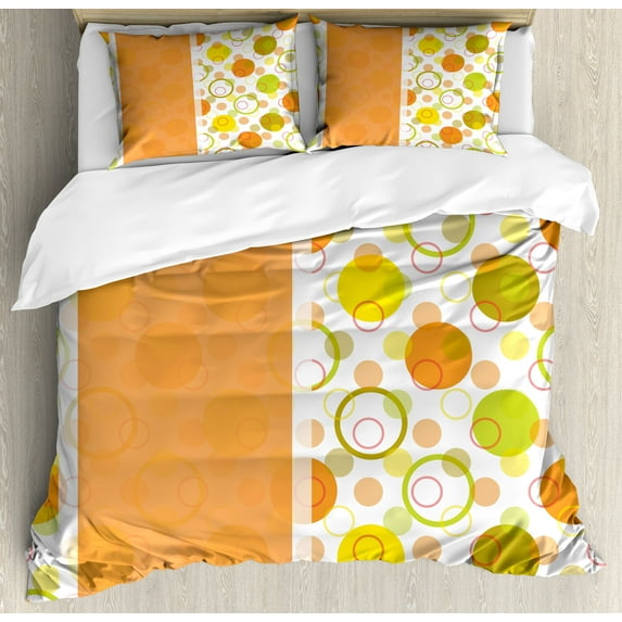 Abstract Duvet Cover Set, Circular Shaped Round Interlace Forms Retro Style Print, Decorative 3 Piece Bedding Set with 2 Pillow Shams, Calking Size, Lime Green Orange Yellow, by Ambesonne