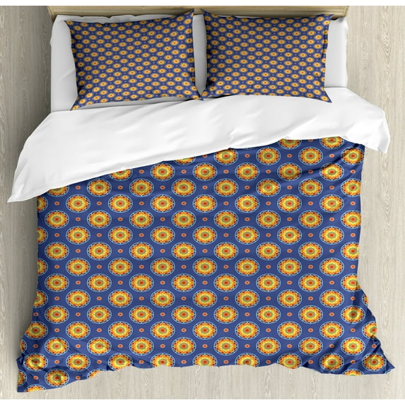Abstract Duvet Cover Set, Colorful Flower in an Orient Style Eastern Art Round Design Print, Decorative 3 Piece Bedding Set with 2 Pillow Shams, Calking Size, Dark Lavender and Mustard, by Ambesonne