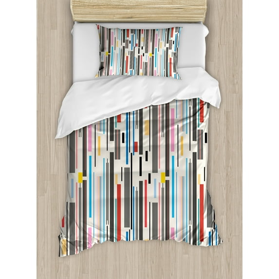 Abstract Duvet Cover Set, Colorful Graphic Pattern of Various Stripes Vintage Creative Composition Grungy, Decorative 2 Piece Bedding Set with 1 Pillow Shams, Twin Size, Multicolor, by Ambesonne