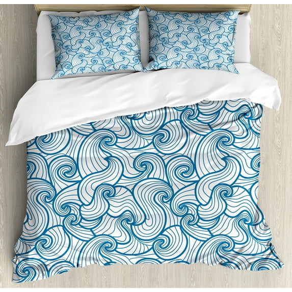 Abstract Duvet Cover Set, Composition of Spiraling Waves in Monotone Style Oceanic Marine Elements, Decorative 3 Piece Bedding Set with 2 Pillow Shams, King Size, Sea Blue and White, by Ambesonne