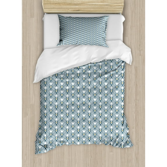 Abstract Duvet Cover Set, Contemporary Geometric Pattern with Rhombuses, Decorative 2 Piece Bedding Set with 1 Pillow Shams, Twin Size, Blue Grey Multicolor, by Ambesonne