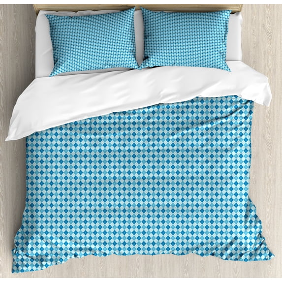 Abstract Duvet Cover Set, Continuing Pattern of Checkered Inspired Print in Monochrome Style, Decorative 3 Piece Bedding Set with 2 Pillow Shams, Queen Size, Blue and Dark Turquoise, by Ambesonne