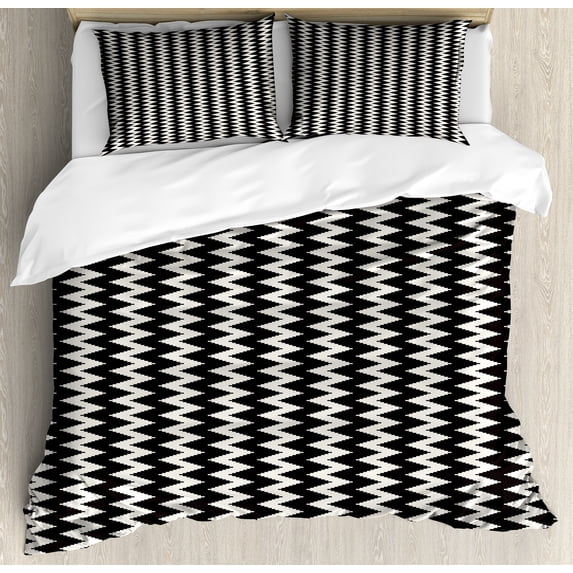 Abstract Duvet Cover Set, Continuous and Classic Geometric Design of Vertical Zigzags Composition, Decorative 3 Piece Bedding Set with 2 Pillow Shams, King Size, Dark Grey Eggshell, by Ambesonne