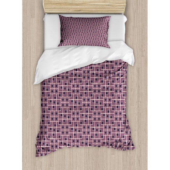 Abstract Duvet Cover Set, Continuous Composition Cubes Geometric Elements in Violet Tones Print, Decorative 2 Piece Bedding Set with 1 Pillow Shams, Twin Size, Dark Purple Grey Blush, by Ambesonne