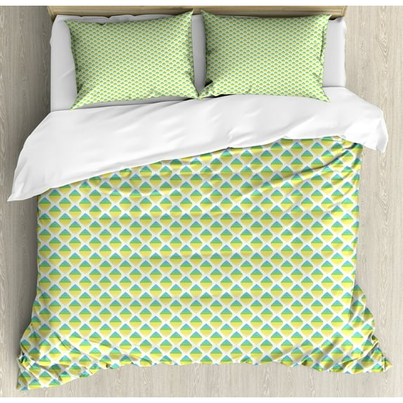 Abstract Duvet Cover Set, Continuous Demonstration of Dotted Forms Fruit Like Looking Elements, Decorative 3 Piece Bedding Set with 2 Pillow Shams, Queen Size, Dark Seafoam and Yellow, by Ambesonne