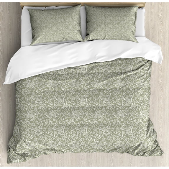 Abstract Duvet Cover Set, Continuous Tropical Palm Leaves Intricate Arrangement Illustration Print, Decorative 3 Piece Bedding Set with 2 Pillow Shams, Calking Size, Dark Eggshell White, by Ambesonne
