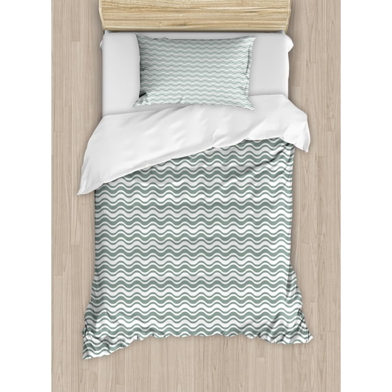 Abstract Duvet Cover Set, Curvy Different Sized Lines Bold Stripes Ocean Waves Inspired Pattern, Decorative 2 Piece Bedding Set with 1 Pillow Shams, Twin Size, Pale Sage Green White, by Ambesonne