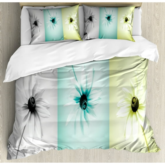 Abstract Duvet Cover Set, Daisy Flowers in Different Featured Framed Saturated Image, Decorative 3 Piece Bedding Set with 2 Pillow Shams, Calking Size, Avocado Green Turquoise, by Ambesonne