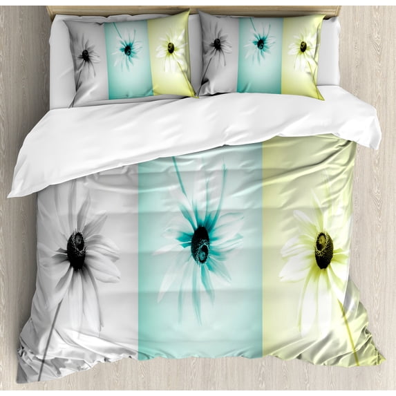 Abstract Duvet Cover Set, Daisy Flowers in Different Featured Framed Saturated Image, Decorative 3 Piece Bedding Set with 2 Pillow Shams, King Size, Avocado Green Turquoise, by Ambesonne