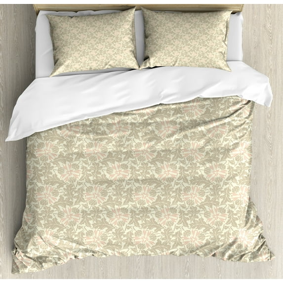 Abstract Duvet Cover Set, Dandelion Flower and Leaves Inspired Vintage Style Repeated Motifs, Decorative 3 Piece Bedding Set with 2 Pillow Shams, King Size, Cream Pale Sepia and Blush, by Ambesonne