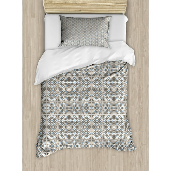 Abstract Duvet Cover Set, Demonstration of Continued Star Motifs Art Deco Inspired Elements Print, Decorative 2 Piece Bedding Set with 1 Pillow Shams, Twin Size, Taupe and Pale Blue, by Ambesonne