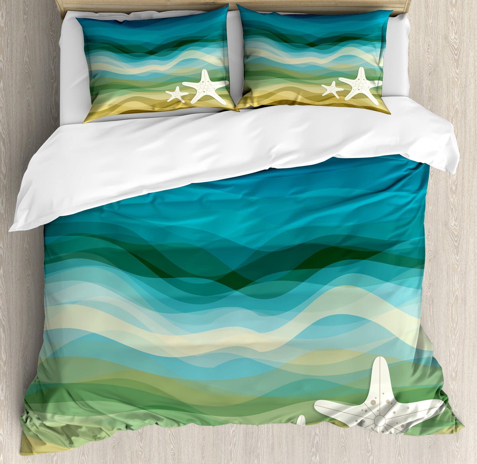 King Size Blue Beige Coastal Waves Duvet Cover Set