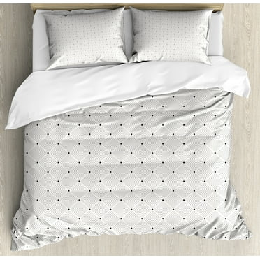 Abstract Duvet Cover Set, Diagonal Dotted Squares and Polka Dots Simplistic Classic Illustration, Decorative 3 Piece Bedding Set with 2 Pillow Shams, Calking Size, Charcoal Grey Ivory, by Ambesonne