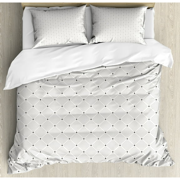 Abstract Duvet Cover Set, Diagonal Dotted Squares and Polka Dots Simplistic Classic Illustration, Decorative 3 Piece Bedding Set with 2 Pillow Shams, Queen Size, Charcoal Grey Ivory, by Ambesonne
