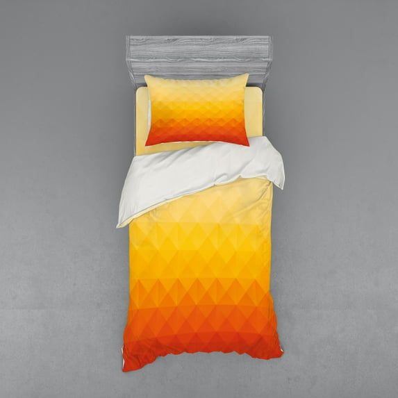 Abstract Duvet Cover Set, Digital Triangle Geometric Mosaic Gradient Shades of Orange Poly Art, Bedding Set with Shams and Fitted Sheet, 3 Sizes, by Ambesonne