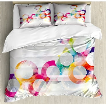 Abstract Duvet Cover Set, Disc Shaped Circular Patterned Gradient Bubbles with Effects Art Print, Decorative 3 Piece Bedding Set with 2 Pillow Shams, Calking Size, Purple Orange, by Ambesonne