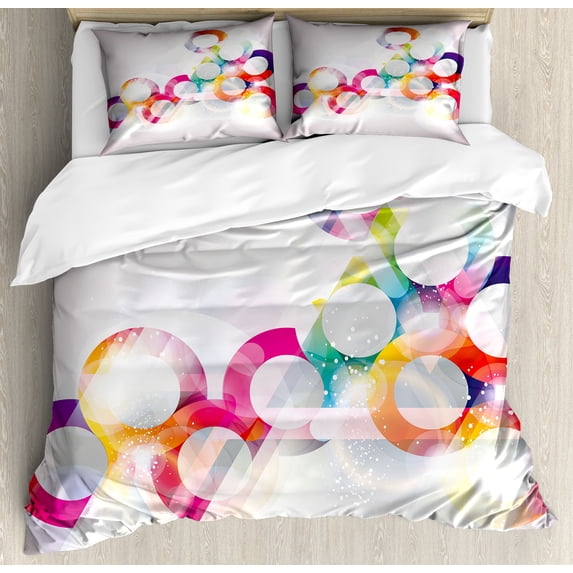 Abstract Duvet Cover Set, Disc Shaped Circular Patterned Gradient Bubbles with Effects Art Print, Decorative 3 Piece Bedding Set with 2 Pillow Shams, King Size, Purple Orange, by Ambesonne