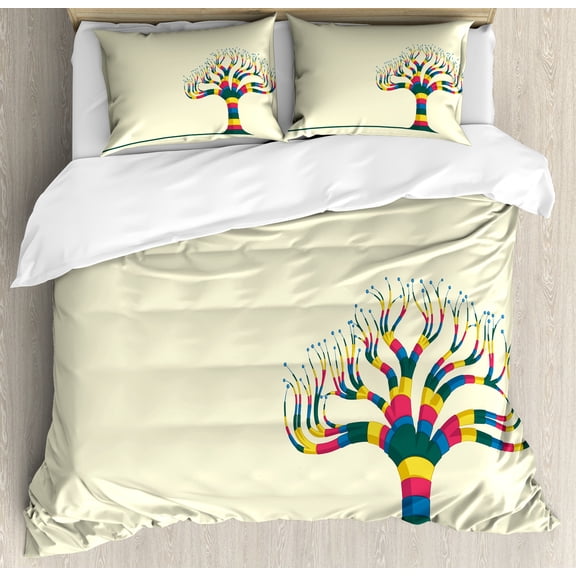Abstract Duvet Cover Set, Dreamy Themed Print of Branches in Striped Modern Colors Illustration Print, Decorative 3 Piece Bedding Set with 2 Pillow Shams, Queen Size, Cream Multicolor, by Ambesonne