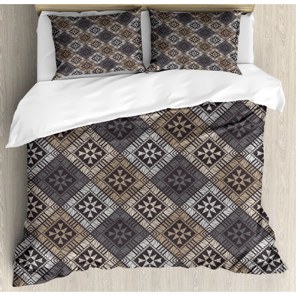 Abstract Duvet Cover Set, Embellishment of Ethnic Traditional Structures, Decorative 3 Piece Bedding Set with 2 Pillow Shams, Queen Size, Dimgray Grey, by Ambesonne