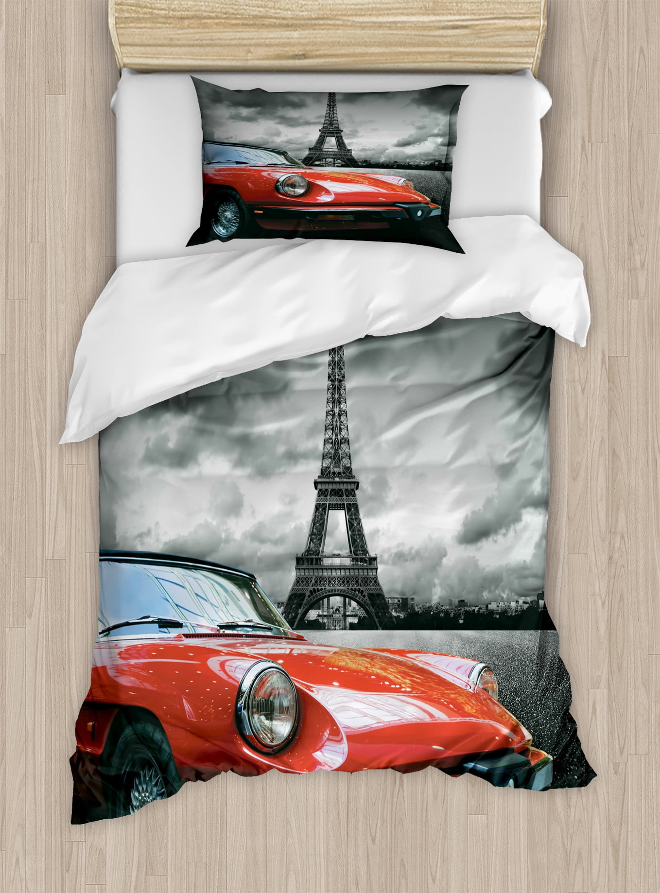 Twin Charcoal Grey White Paris Eiffel Tower Duvet Cover Set