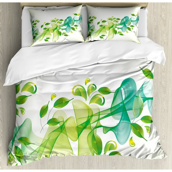 Abstract Duvet Cover Set, Floral Design with Water Touch Inspired Modern Details Art, Decorative 3 Piece Bedding Set with 2 Pillow Shams, Queen Size, Yellow Green and Blue, by Ambesonne