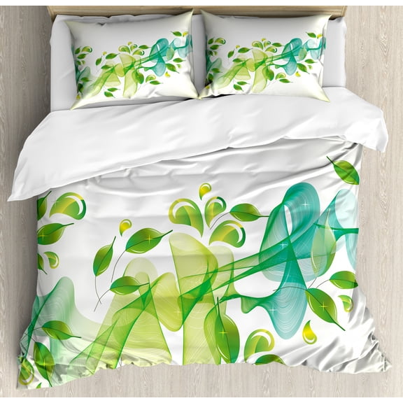 Abstract Duvet Cover Set, Floral Design with Water Touch Inspired Modern Details Art, Decorative 3 Piece Bedding Set with 2 Pillow Shams, Queen Size, Yellow Green and Blue, by Ambesonne