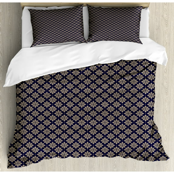 Abstract Duvet Cover Set, Flower Geometric Pattern Ornamental Vintage Classic Style Elements Pattern, Decorative 3 Piece Bedding Set with 2 Pillow Shams, Calking Size, Beige and Indigo, by Ambesonne