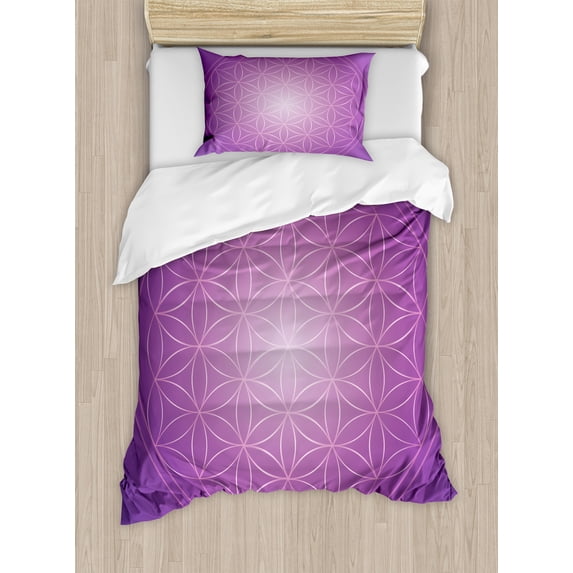 Abstract Duvet Cover Set, Flower of Life in Vibrant Psychedelic Tones Love Soul Display, Decorative 2 Piece Bedding Set with 1 Pillow Shams, Twin Size, Fuchsia Purple, by Ambesonne