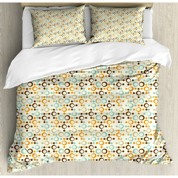 Abstract Duvet Cover Set, Funky Molecule Like with Circles and Dots Science Lab Theme, Decorative 3 Piece Bedding Set with 2 Pillow Shams, Queen Size, Orange Grey Pale Blue, by Ambesonne