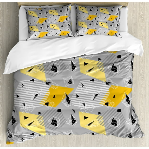 Abstract Duvet Cover Set, Geometric 80s Abstract Shapes Memphis Art Hipster Urban Futuristic, Decorative 3 Piece Bedding Set with 2 Pillow Shams, Queen Size, Grey Marigold Pale Orange, by Ambesonne