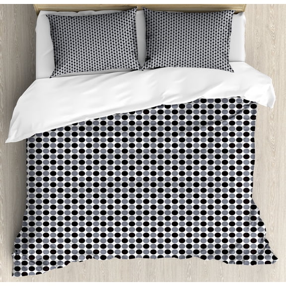 Abstract Duvet Cover Set, Geometric Circles in Gradient Tones Scrapbook Retro Polka Dots Art, Decorative 3 Piece Bedding Set with 2 Pillow Shams, King Size, Blue Grey Black White, by Ambesonne