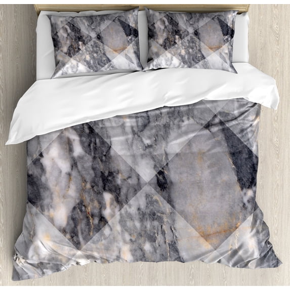 Abstract Duvet Cover Set, Geometric Diamond Shaped Grunge Granite Rock Facet Forms Ceramic Abstract Print, Decorative 3 Piece Bedding Set with 2 Pillow Shams, King Size, Pale Grey, by Ambesonne