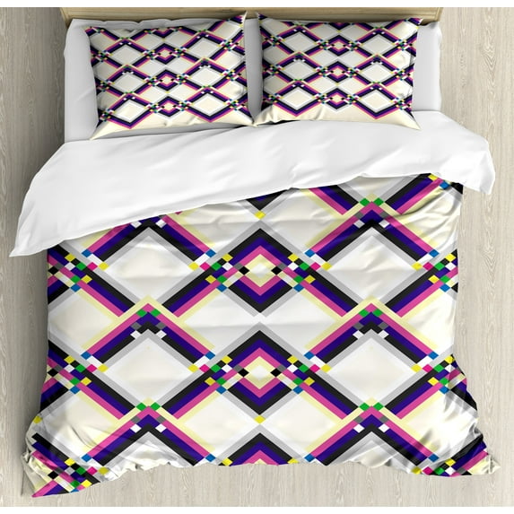 Abstract Duvet Cover Set, Geometric Digital Pattern Square and Diamond Shaped Linked Print, Decorative 3 Piece Bedding Set with 2 Pillow Shams, Calking Size, Magenta Cream Purple, by Ambesonne