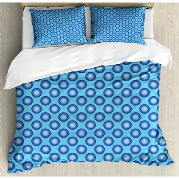 Abstract Duvet Cover Set, Geometric Disc and Ring Shaped Circular Round Shaped Oval Contemporary, Decorative 3 Piece Bedding Set with 2 Pillow Shams, Calking Size, Sky Blue and Lavender, by Ambesonne