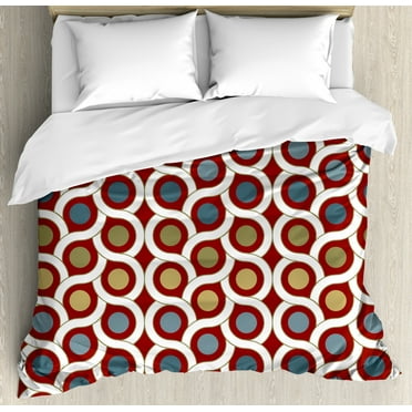 Abstract Duvet Cover Set, Geometric Interlace Circular Forms Dots Rounds in Symmetric Lines Art Design, Decorative 3 Piece Bedding Set with 2 Pillow Shams, Queen Size, Ruby Khaki Blue, by Ambesonne