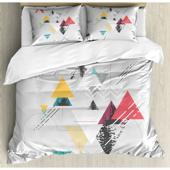 Abstract Duvet Cover Set, Abstract Geometric Modern Design with Triangle and Typed Detailed Art, Decorative 3 Piece Bedding Set with 2 Pillow Shams, Queen Size, Mustard Pale Grey Teal, by Ambesonne