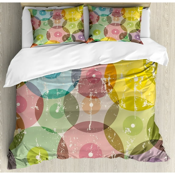 Abstract Duvet Cover Set, Geometrical Image Rounds with Vintage Retro Designwith Rainbow Colors Art Print, Decorative 3 Piece Bedding Set with 2 Pillow Shams, Queen Size, Multicolor, by Ambesonne