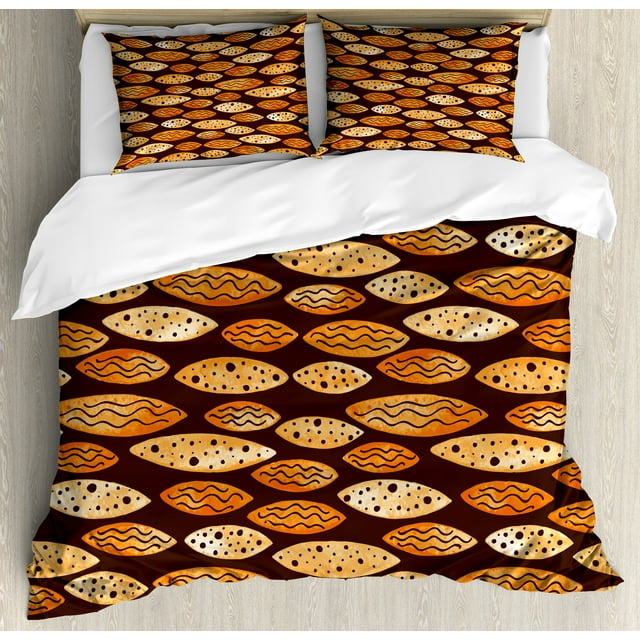 Abstract Duvet Cover Set, Geometrical Pattern with Orange Watercolor Shapes Spots Waves Hand Drawn Art, Decorative 3 Piece Bedding Set with 2 Pillow Shams, Calking Size, Orange Brown, by Ambesonne
