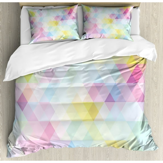 Abstract Duvet Cover Set, Geometrical Vibrant Rainbow Themed Pastel Colored Rhombus Pattern Hipster Style, Decorative 3 Piece Bedding Set with 2 Pillow Shams, Queen Size, Multicolor, by Ambesonne