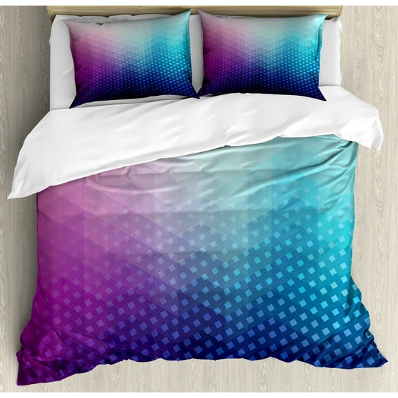 Abstract Duvet Cover Set, Gradient Background with Little Geometric Fractal Triangle Graphic Style, Decorative 3 Piece Bedding Set with 2 Pillow Shams, King Size, Pink Blue, by Ambesonne