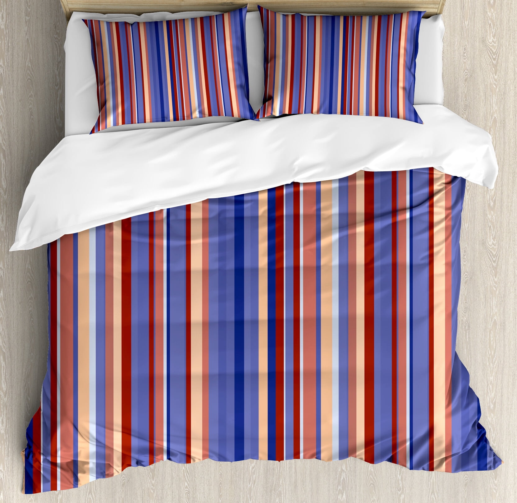 Queen Violet Blue Salmon Striped Microfiber Duvet Cover Set