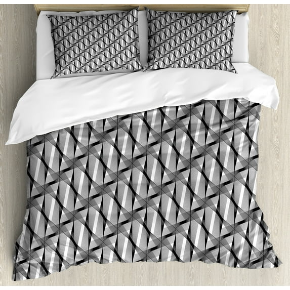 Abstract Duvet Cover Set, Grid Like Composition of Greyscale Monotone Shapes Streaks, Decorative 3 Piece Bedding Set with 2 Pillow Shams, Queen Size, Charcoal Grey Dimgray, by Ambesonne