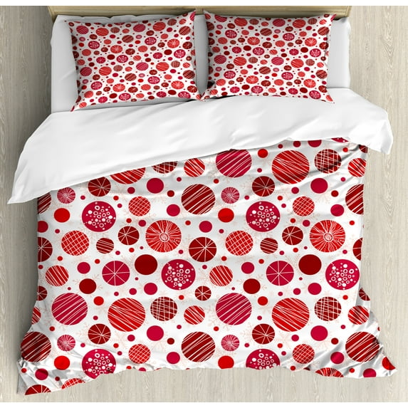 Abstract Duvet Cover Set, Grids Lines Round Shapes and Circles Snowflake Motifs Print, Decorative 3 Piece Bedding Set with 2 Pillow Shams, Calking Size, White Dark Pink, by Ambesonne