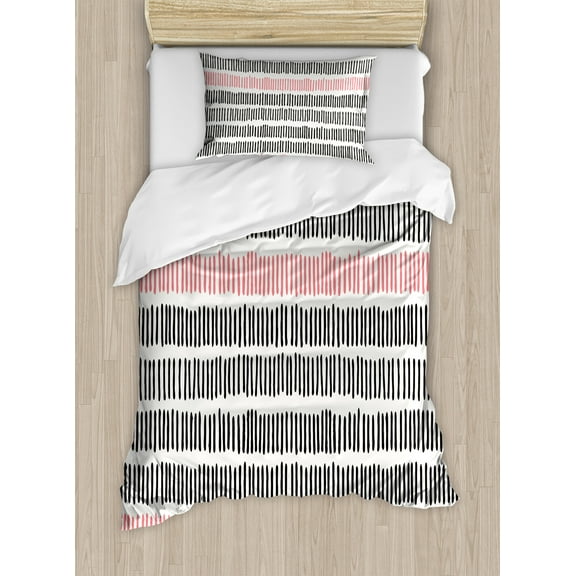 Abstract Duvet Cover Set, Hand Drawn Short Vertical Lines Retro Horizontal Stripes Hipster Doodle, Decorative 2 Piece Bedding Set with 1 Pillow Shams, Twin Size, Black Coral White, by Ambesonne
