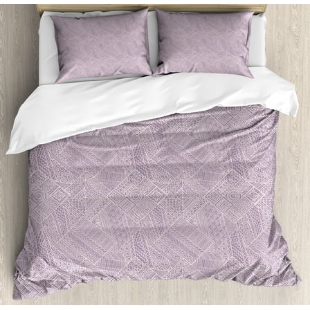 Abstract Duvet Cover Set, Hand Drawn Zigzags Circles Geometric and Swirls in Pastel Tones, Decorative 3 Piece Bedding Set with 2 Pillow Shams, King Size, Mauve and Eggshell, by Ambesonne